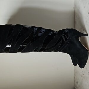CAVALLI: black soft suede and patent leather knee high boots